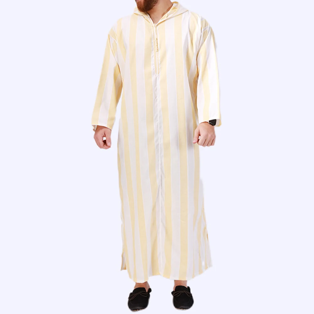 New Muslim Striped Long Hooded Nightgown Men's Middle Eastern National Dress Robe Costume Arab Islamic Long-sleeved Top Clothing