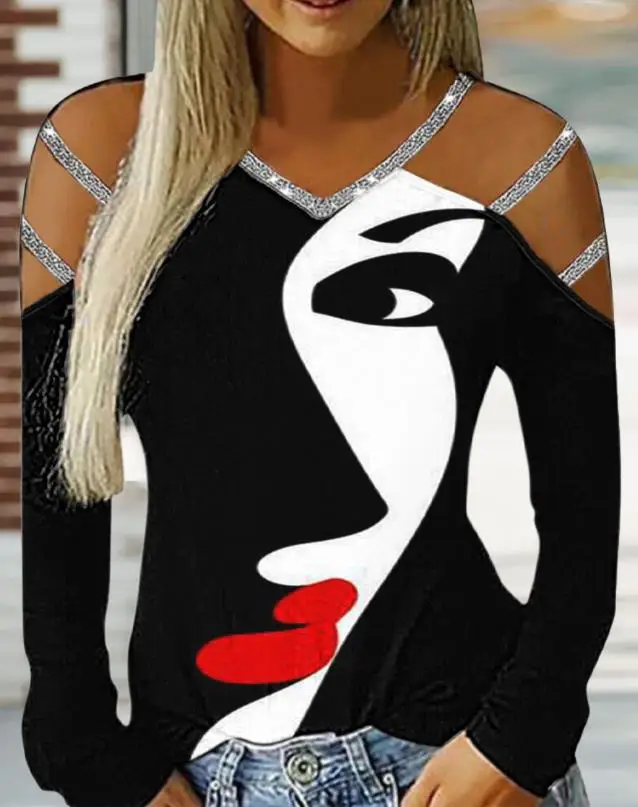 

Tops Women 2022 Trendy Fashion Abstract Figure Print Cold Shoulder Top Female clothing Casual Daily Long Sleeve Cutout Tee