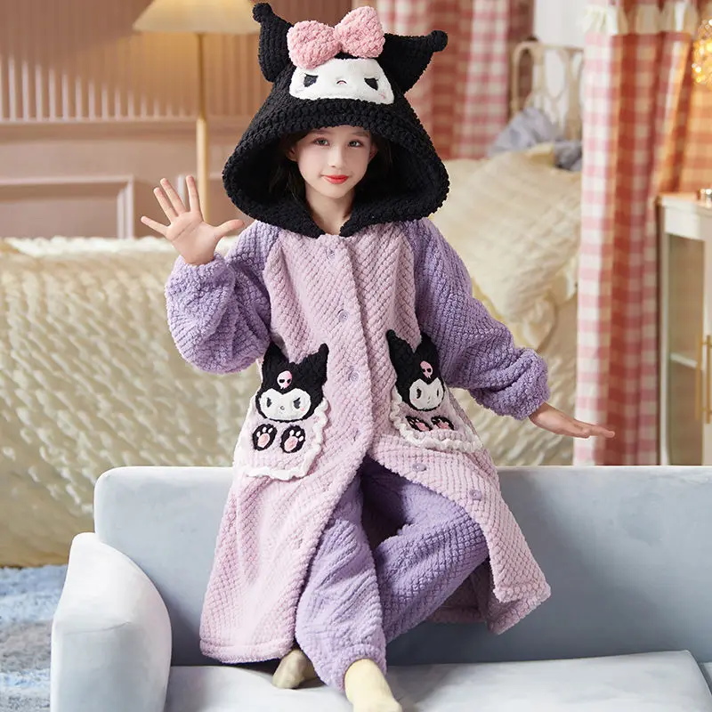

New Kawaii Cartoon Sanrios Plush Children Pajamas Kuromi My Melody Pochacco Cute Anime Thickened Children Flannel Warm Pajamas