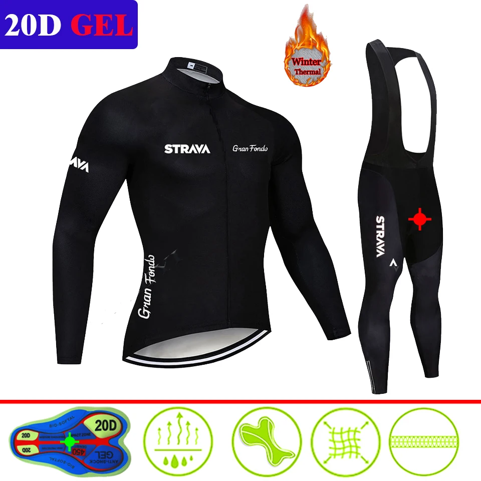 

Winter STRAVA Long Sleeve Cycling Jersey Bike Bib Trousers Men Uniform Riding Clothes Thermal Fleece Bicycling Clothing Set
