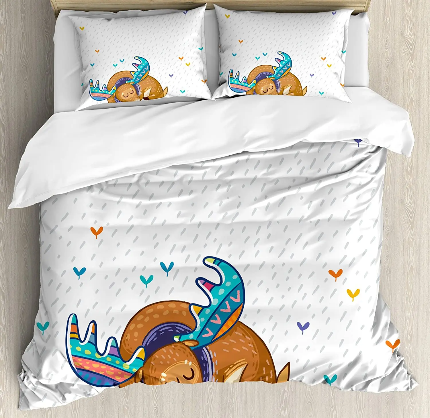 

Moose Bedding Set For Bedroom Bed Home Colorful Antlers Boho Deer Retro Artsy Winter Rain Duvet Cover Quilt Cover And Pillowcase