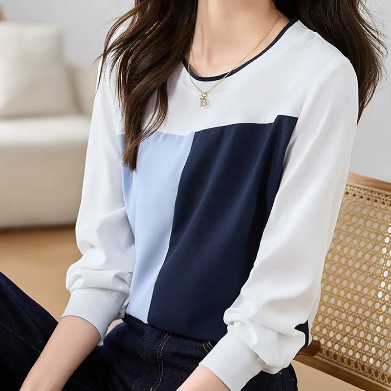 

Office Lady Long Sleeve Tops Autumn New Fashion Patchwork Shirt Women Chiffon Blouse Elegant Round Collar Clothing Blusas 29325