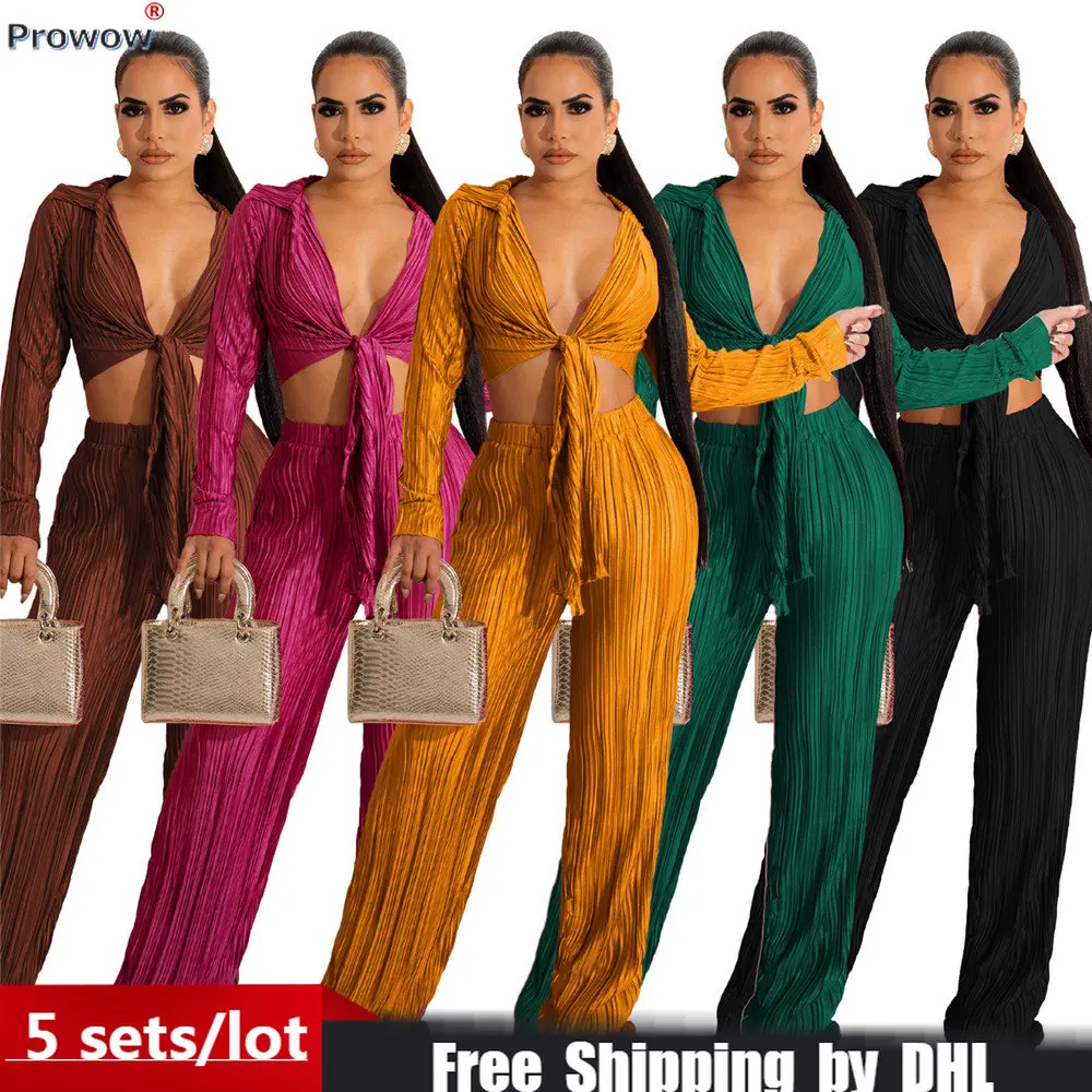 

5Sets Bulk Elegant Office Tracksuit Deep V Long Sleeve Lace-up Crop Top+Drooping Wide Leg Pant Summer Outfit for Women 2023 8609