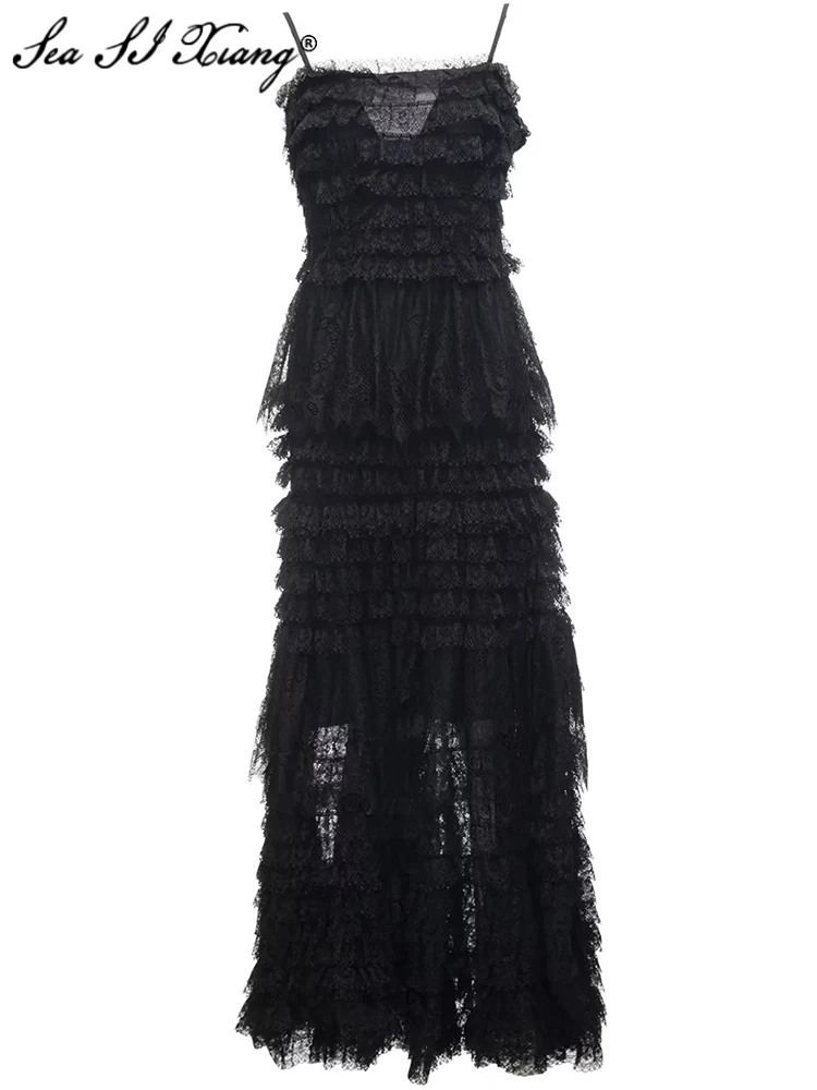 Seasixiang Fashion Designer Summer Dress Women Spaghetti Strap Slash Neck Cascading Ruffle Vintage Party Backless Long Dresses