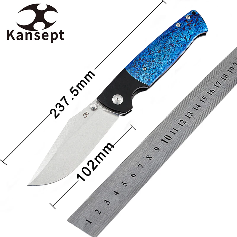 

Kansept Knives Shikari K1027A5 Pocket Knife CPM-20CV Blade Black Anodized Titanium + Timascus+timascus clip Handle Tactical