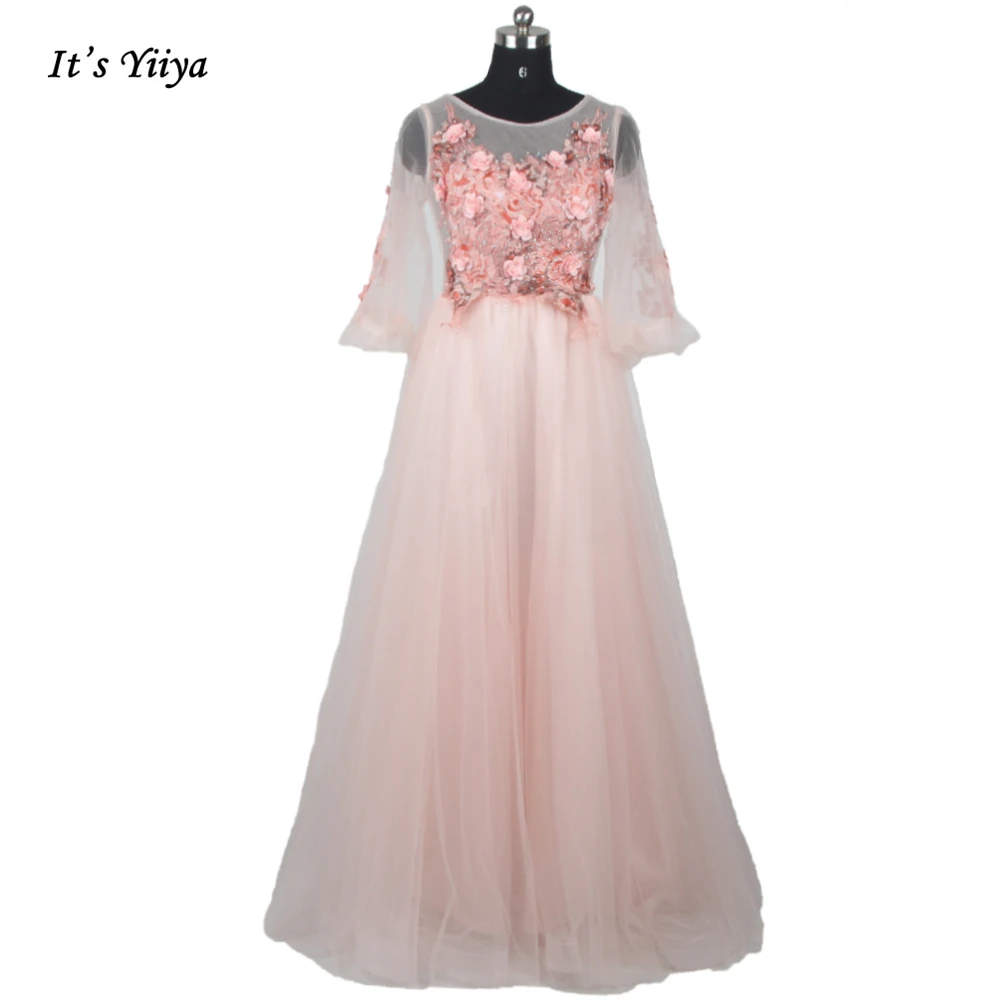 

It's Yiiya Evening Dress illusion Full Sleeves Appliques Lace up A-line Pleat Floor Length Plus Size Women Party Dresses E064