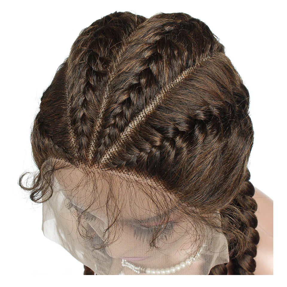 Triangle Cornrow Braided Lace Wig with Baby Hair Brown/Alburn Mix Synthetic Lace Front Wig for Women 4 Braids Wig Heat Resistant