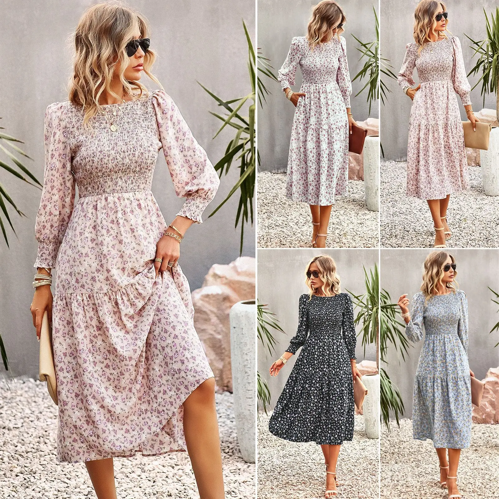 

2023 Spring Summer Women Dress Printed Flowers Fashion Dress O-Neck A-LINE Long Sleeve Female Solid Casual Dresses Mid-Calf