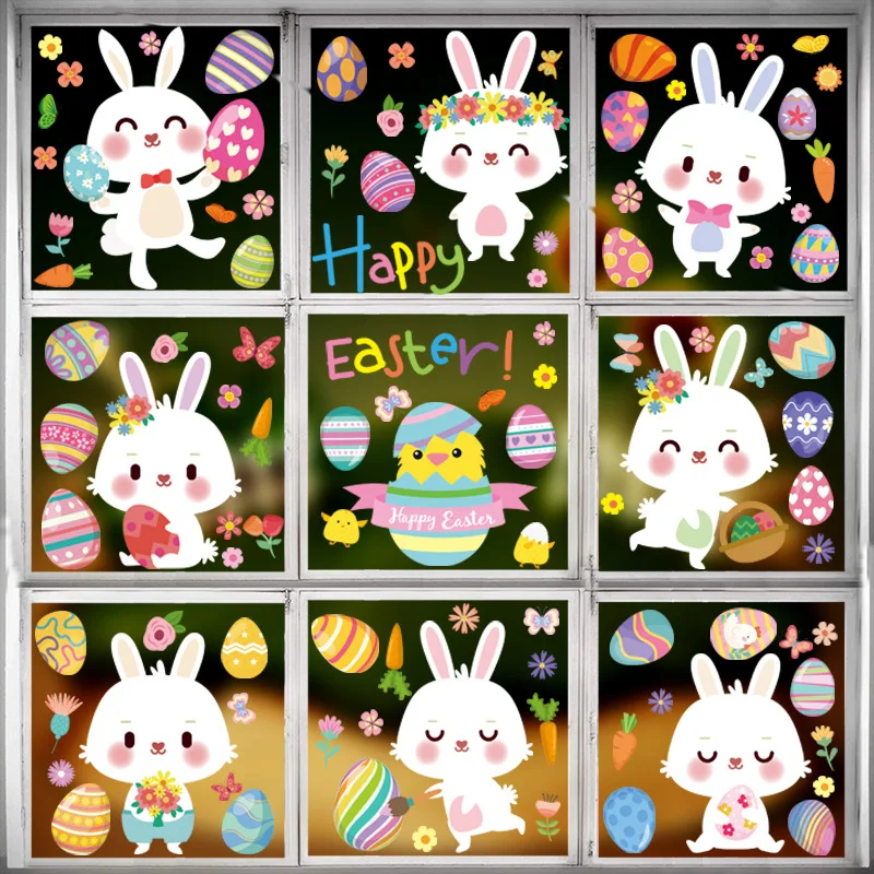 

9pcs Easter Bunny Window Stickers Faceless Doll Carrot Egg Static Glass Decal Wall Sticker Happy Easter for Home Decoration 2023