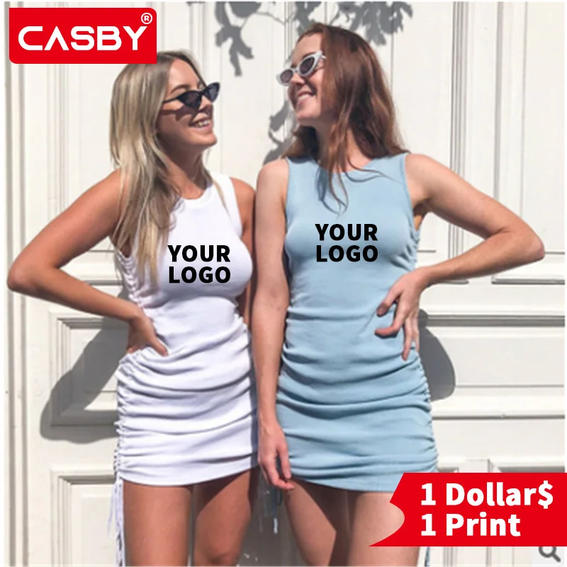 

Custom Logo Drawstring Ruched Sexy Halter Backless Mini Dress Club Party 2021 Summer Sleeveless Dresses Bodycon Women Clothes