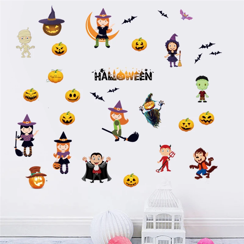 Наклейка на стену в виде тыквы кота ведьмы летучих мышей