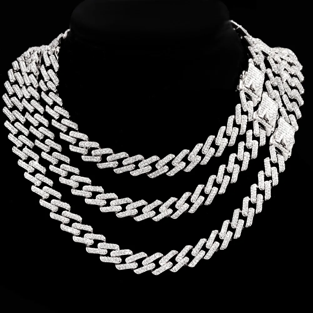 

14MM Hip Hop Rhombus Prong Cuban Link Chain Necklace 2 Row Rhinestone Paved Iced Out Bling Miami Cuban Chain Necklaces Jewelry