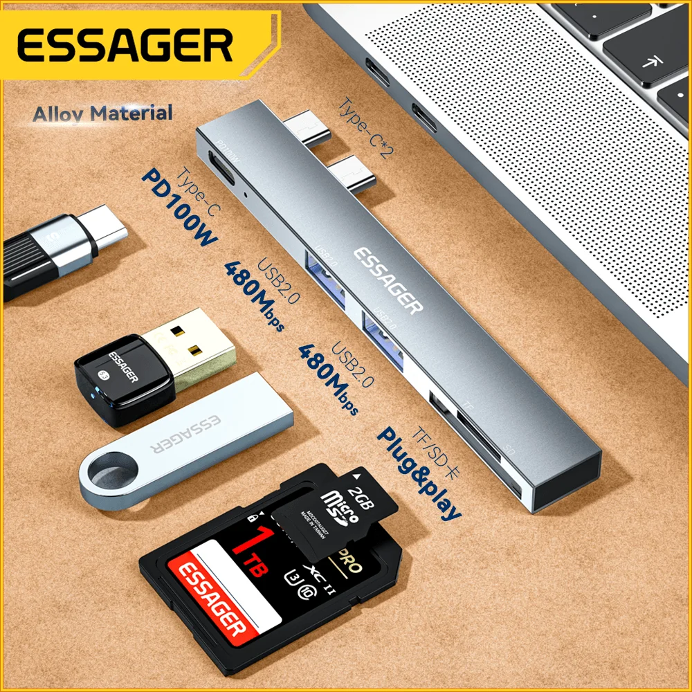

Essager USB C Hub To Type C 5 in 1 USB Adapter With SD TF Reader Slot Multifunctional Expander For MacBook Pro Air 2018 - 2022