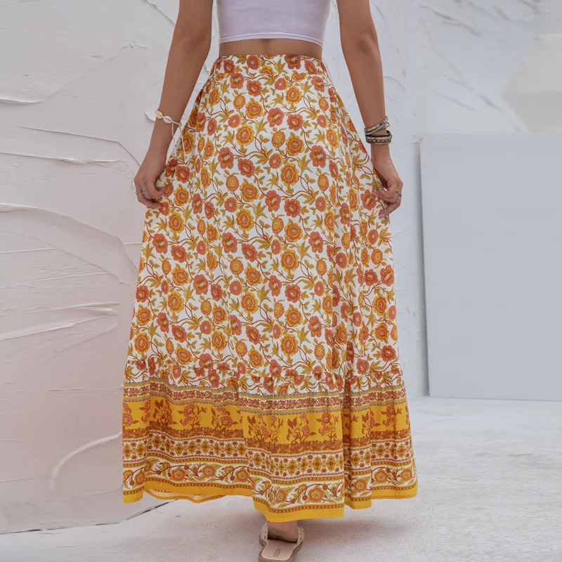 Long Skirts Summer Women's 2023 New High Waist Printed Breasted Button Slit Fashion Sexy Elegant Female Skirt