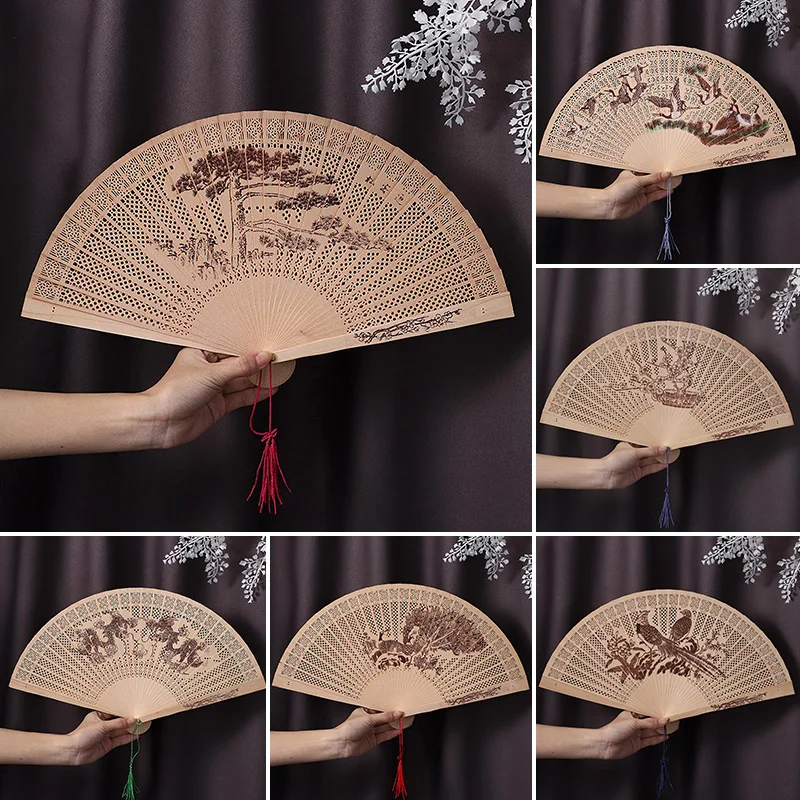 

Chinese Style Folding Fans For Women Retro Wood Carving Printing Fan Hand-made Hollow Incense Wood Antique Craft Fan Home Decor