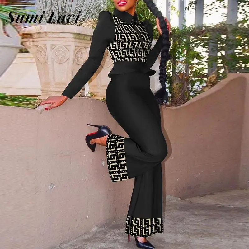 

Fashion Women Print Mesh Hollow Trousers Set Elegant Lapel Short Sleeve Button Shirt Two Piece Set Office Lady Commute Outfits