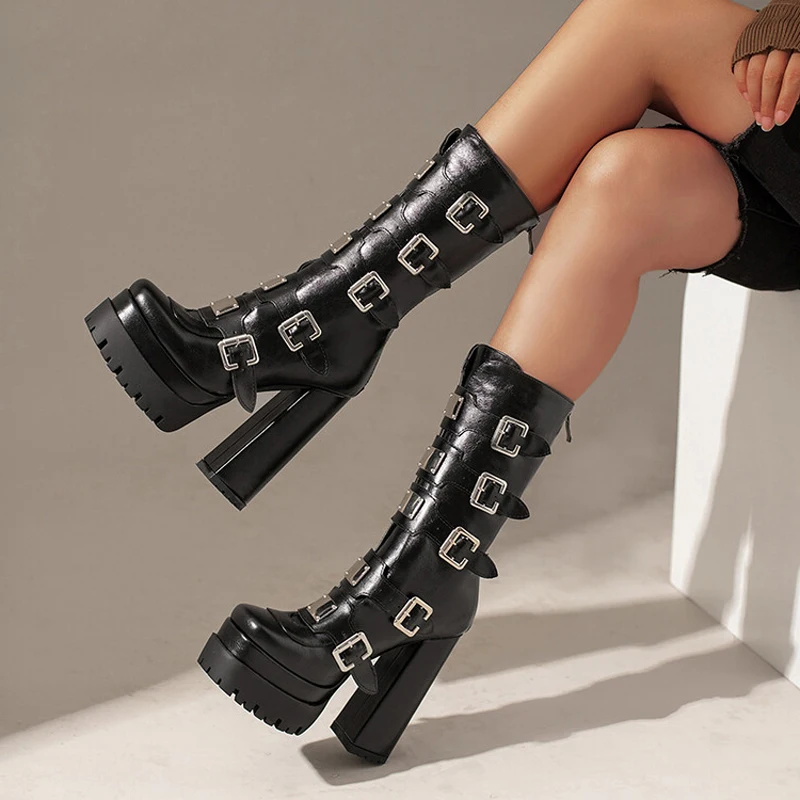 New Metal Buckles Styles Women Knee High Boots High Platform Thick Bottom Shoes Punk Cool Design Woman Booties