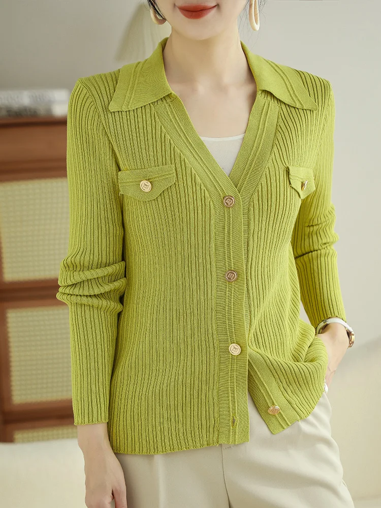 

Early Autumn Xiaoxiang Wind Gold Buckle Ice Silk Long-Sleeved Knitted Shirt All Match Tight Slim Sunscreen Cardigan Short Top