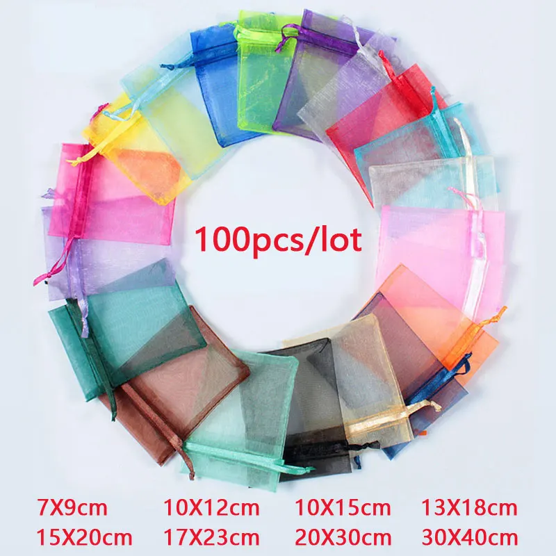 

Pouches Gift Bags 100Pcs/lot Drawable Wedding Organza Decoration Jewelry 7x9 10x15 13x18CM Party Jewelry Bags Bag Packagin 9x12