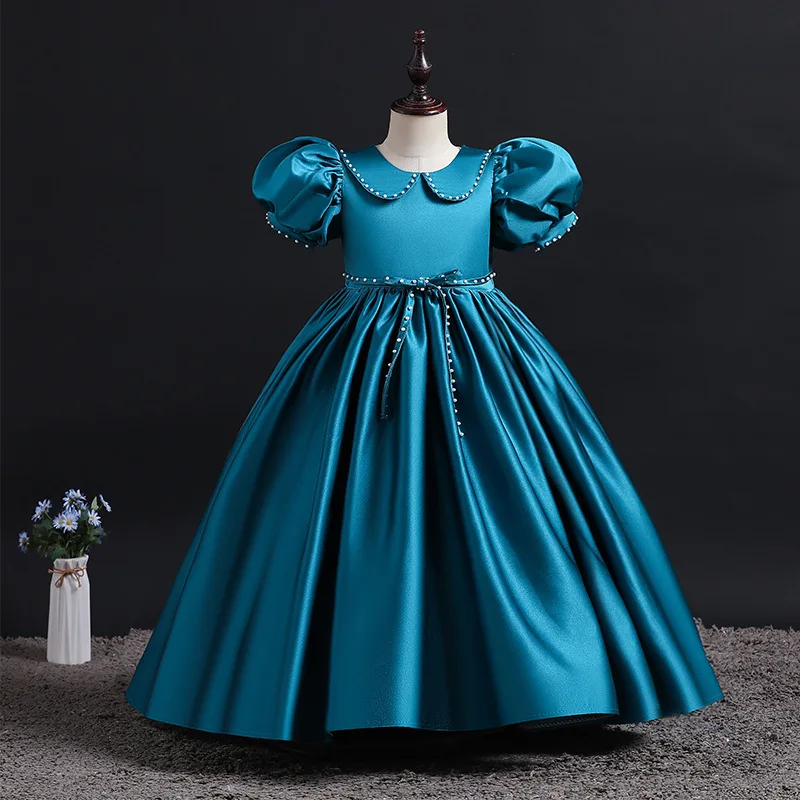 

Vintage Elegant Satin Bridesmaid Kids Flower Dress for Girls Children Long Formal Party Wedding Princess Dress Baby Gown Costume