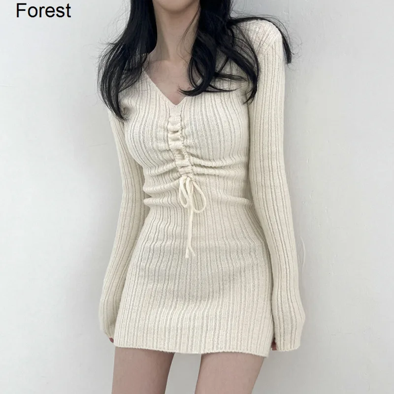

Женское платье, корейское простое цельнокроеное короткое платье с кулиской, новинка 2021, вязаное облегающее платье Forest