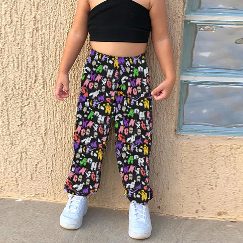 

1-8Y Print Pants For Baby Girls Sport Elastic Waist Joggers Fashion Kids Clothes Summer 2023 Streetwear Black Children Trousers