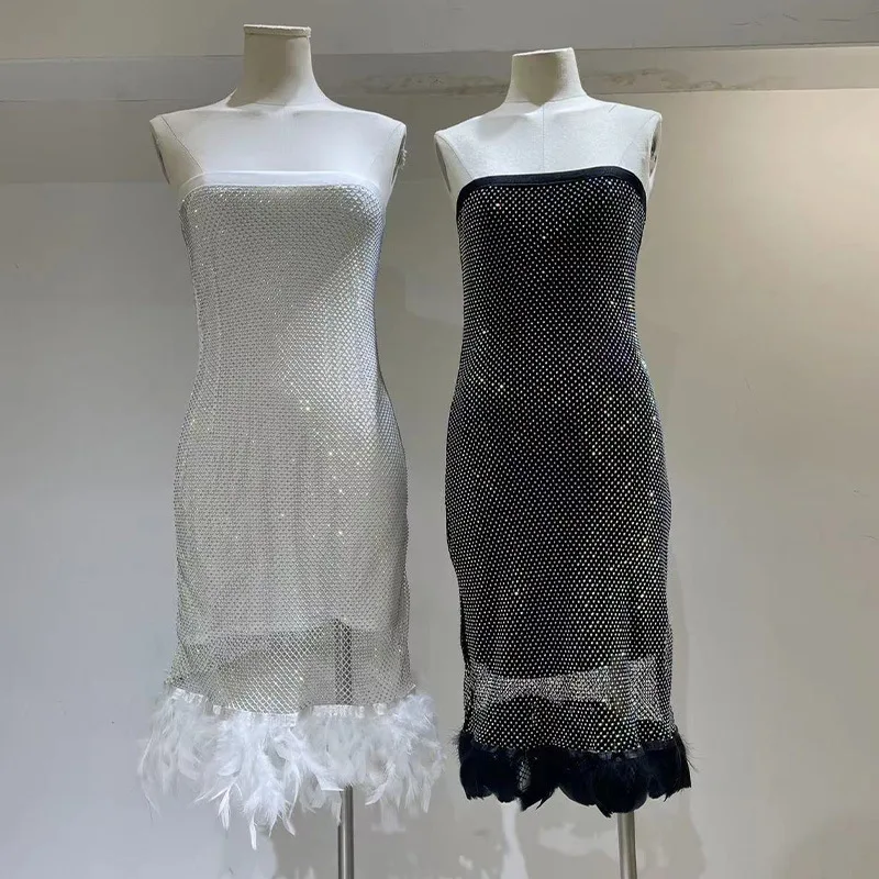 

Sparkly Diamond Feather Cocktail Evening Dress For Women Fishnet Rhinestone Gowns Vestido Hollow Out Strapless Prom Robe Dresses