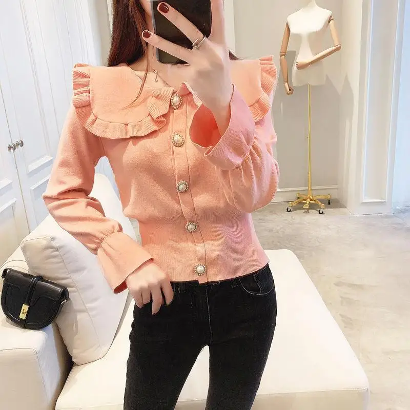 

Pink Fall Fashion Cardigans Pagoda Long Sleeve Sweater Loose Coat Casual Cloth Short Jacket Lapel Tops Clothes for Women 2022