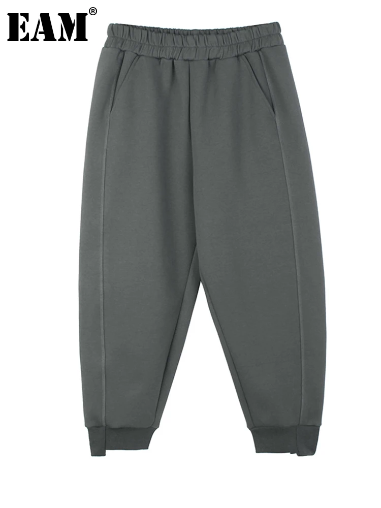

[EAM] High Elastic Waist Gray Irregular Long Thick Pants New Loose Fit Trousers Women Fashion Tide Spring Autumn 2022 1DF2545