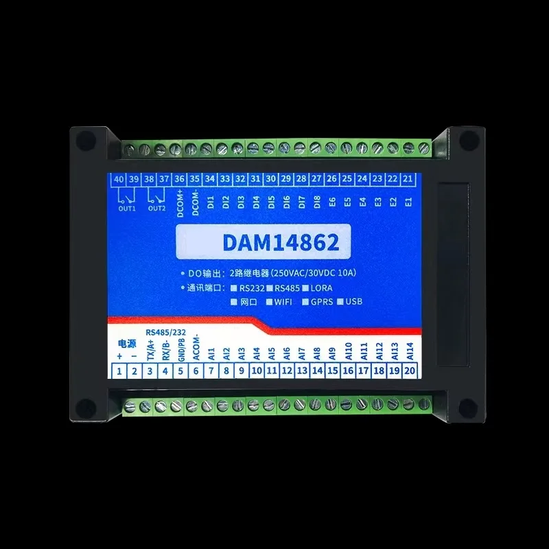 

2 channel relay output 8 channel switch digital input 6 channel pulse counter 14 channel analog data acquisition