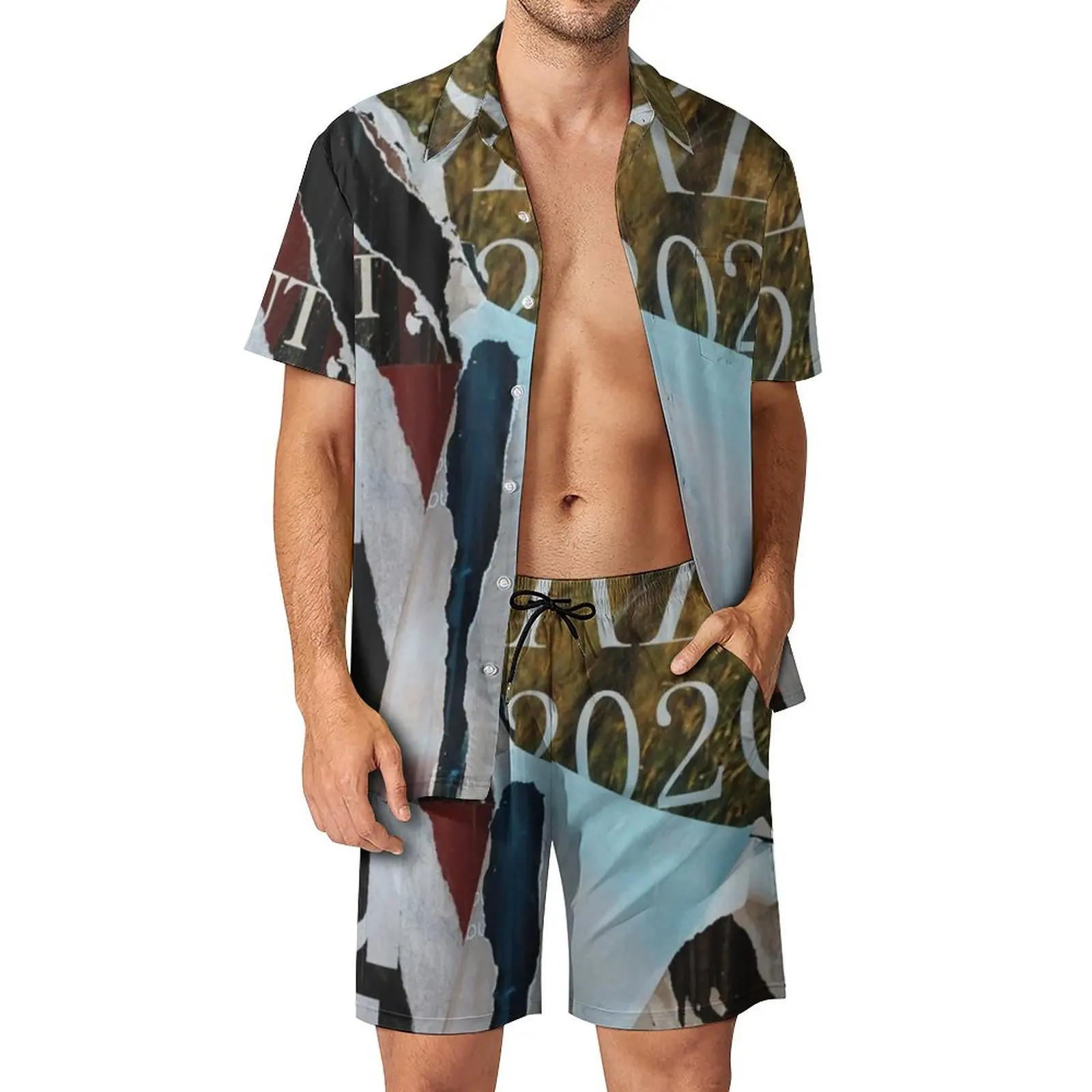 

Vintage Newspaper Men Sets Collage Paper Cuttings Casual Shorts Summer Trendy Vacation Shirt Set Short Sleeves Big Size Suit