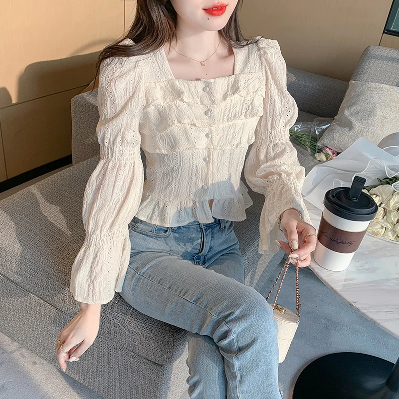 

COIGARSAM Shirt Womens Tops Spring 2022 New Long Sleeve Flare Sleeve Square Collar Women Shirts Dropshipping