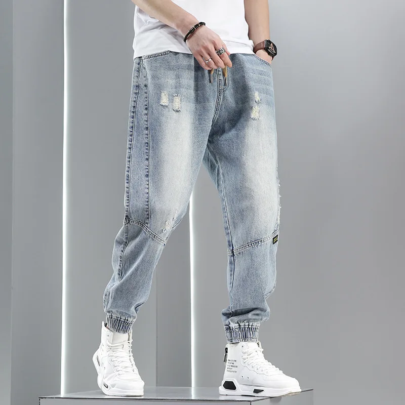 Tide Brand Loose-fitting Jeans Men's Spring And Autumn Thin Section Trend Hole Harem Version Casual All-match Nine-point Pants
