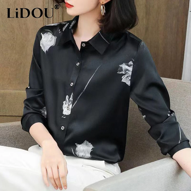 

Spring Autumn Polo-neck Rose Print Elegant Fashion Buttons Satin Shirt Ladies Long Sleeve Temperament Blouse Femme Cardigan Top
