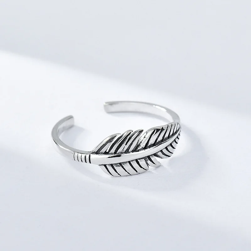 SACE GEMS Ring for Women 100% S925 Sterling Silver Personality Creative Feather Ring Female Retro Do Old Fine Jewelry Wholesale