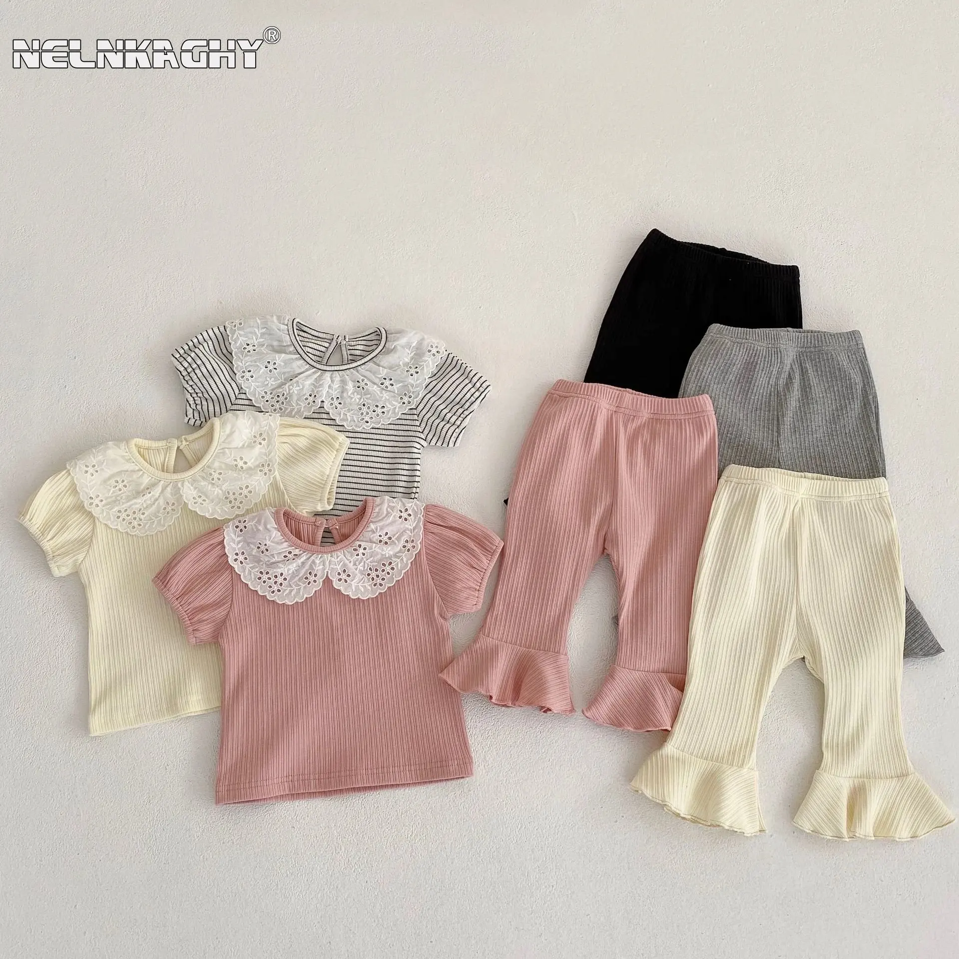 2023 newest summer infant princess short sleeve striped top tees solid color flare pants children clothing kids 0-3Years old