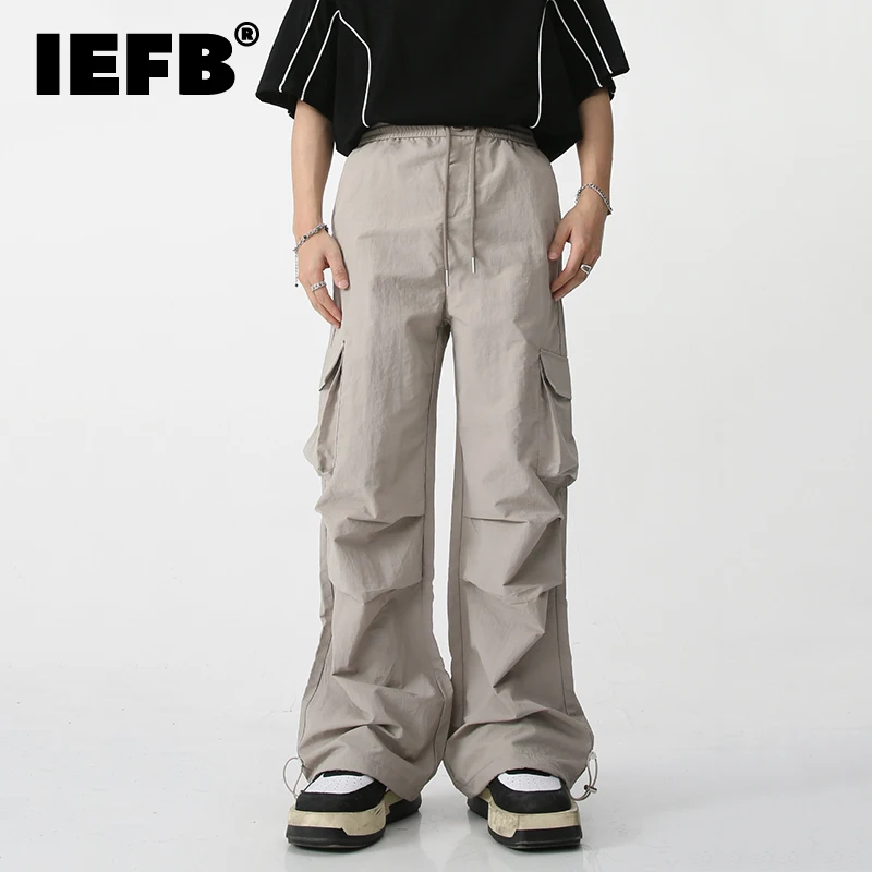

IEFB Summer Men's Fold Overalls Solid Color Elastic Waist Casual Loose Straight Pants New Trend Multi-pocket Menswear 9A8000