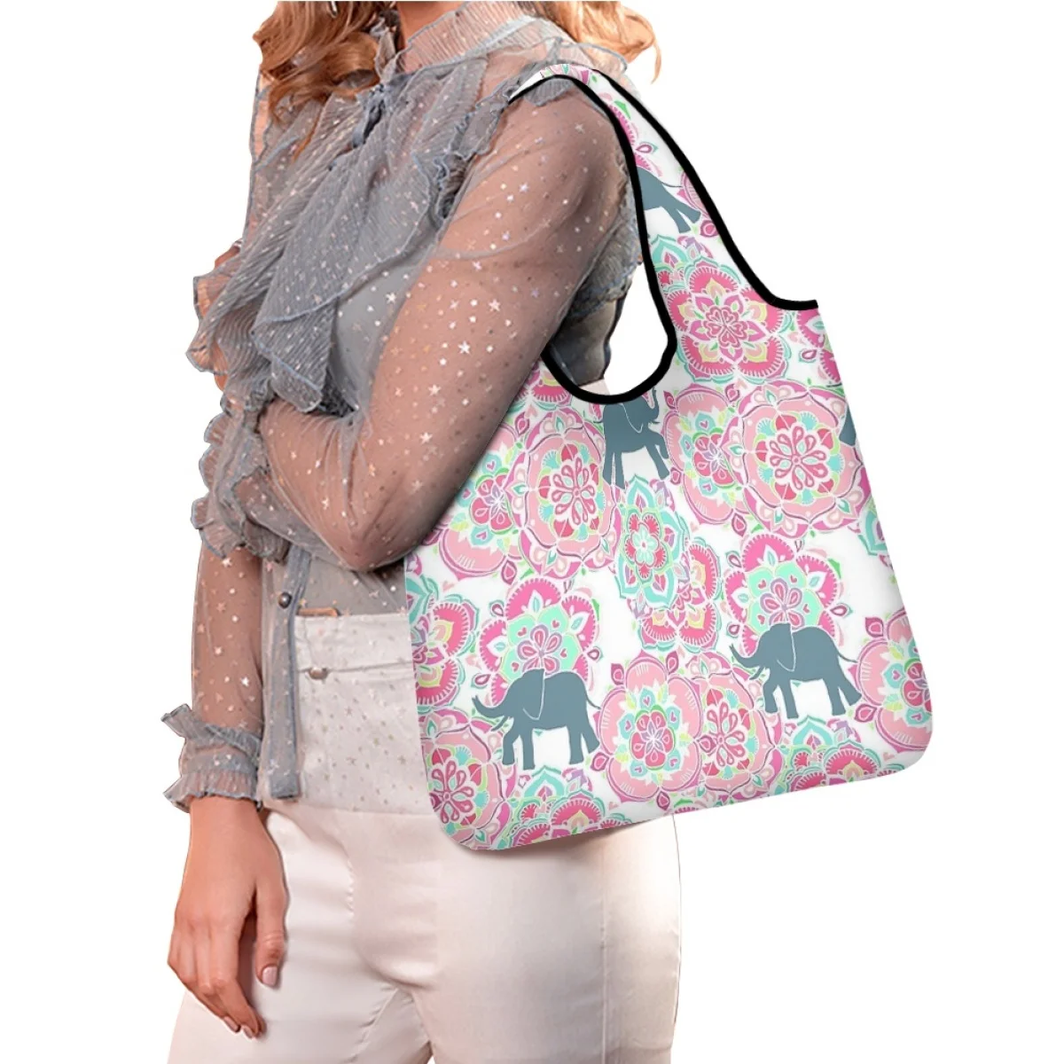 

TOADDMOS Tribal Floral Elephant Pattern Shoulder Bag Home Travel Foldable Storage Bag High Quality Portable Ladies Handbag