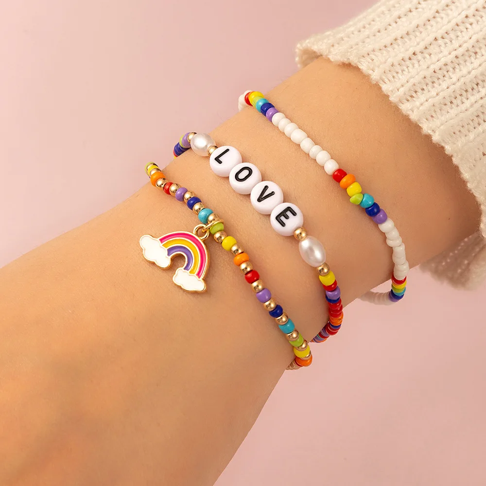 

3PCS/SET Trendy Colorful LOVE Letters Rainbow Bead Bracelet for Women Girls Vintage Fashion Bracelet Party Jewelry Cute Gift