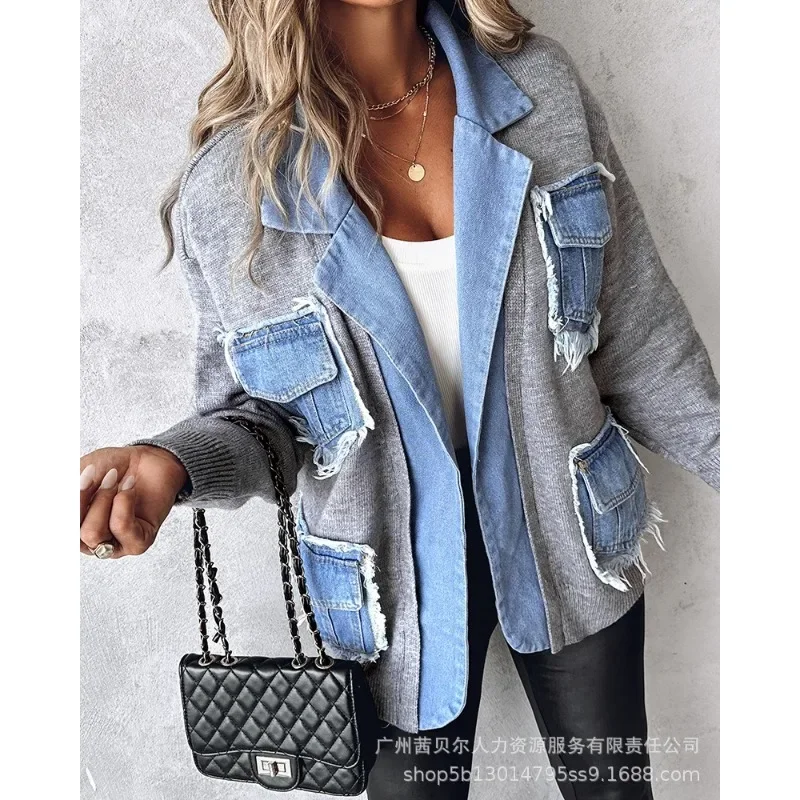 

Женский трикотажный кардиган составного кроя, джинсовый свитер с длинным рукавом и карманами