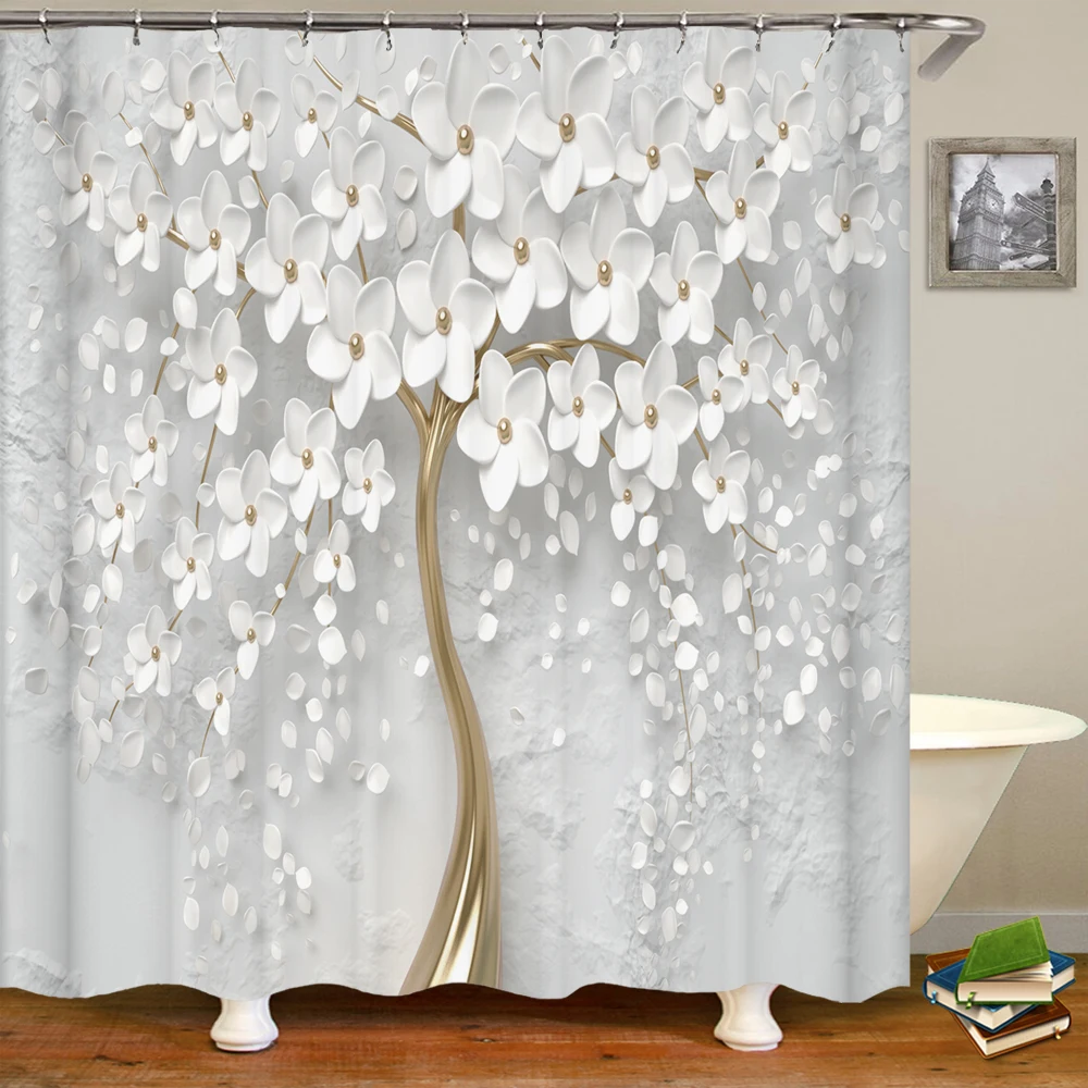 

Занавеска для ванной из полиэстера с 3d-рисунком красивых цветов и деревьев, водонепроницаемая штора с крючками для украшения дома, экран дл...