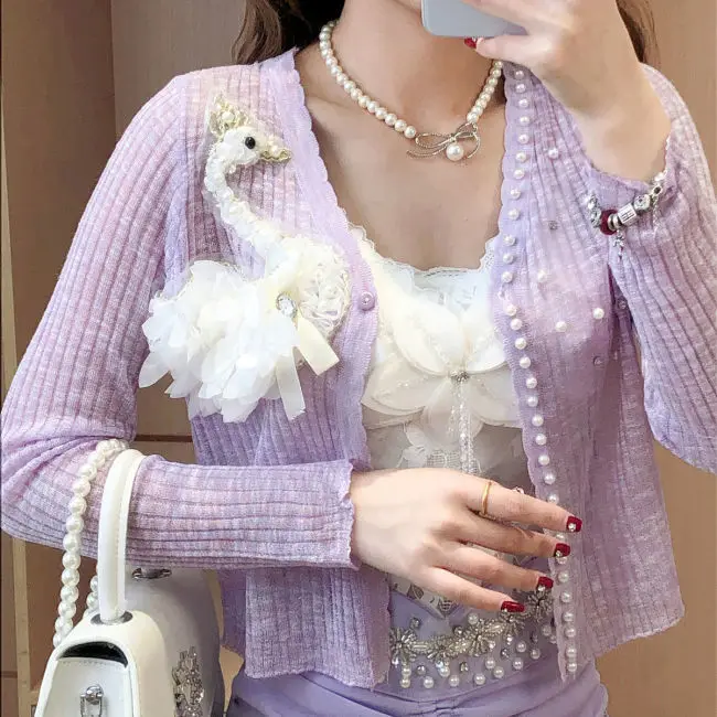 

Роскошный женский солнцезащитный кардиган с 3D вышивкой лебедей и жемчужинами, летняя тонкая приталенная рубашка с воздушным узором, вязаны...