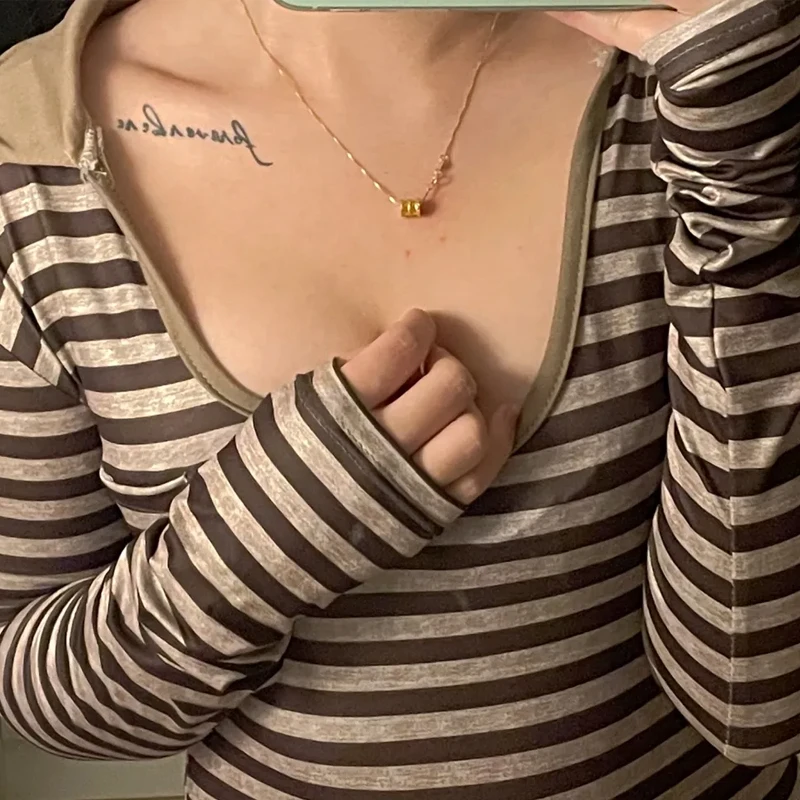 

Y2k Clothes Korean Fashion Pullover Spring Autumn Sexy Deep V Neck Long Sleeve Tops Stripe Print Comfort Home Loose Crop Top