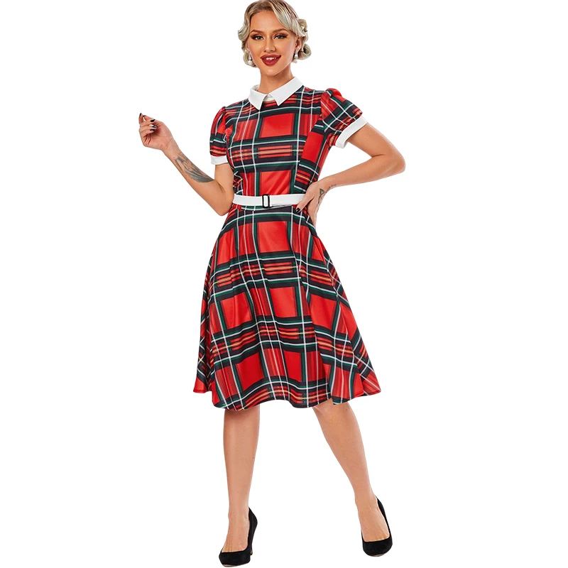 

Belted Plaid Turn Down Collar A-Line Dress Knee Length Vintage Short Sleeves Plaid Robe With Belt For Women