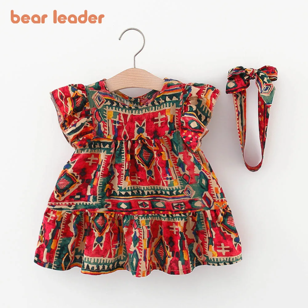 

Bear Leader Dresses Girls Clothes 2022 Summer Newborn Baby Flying Sleeves Princess Dresses Printing Tutu Cute Dress + Headband