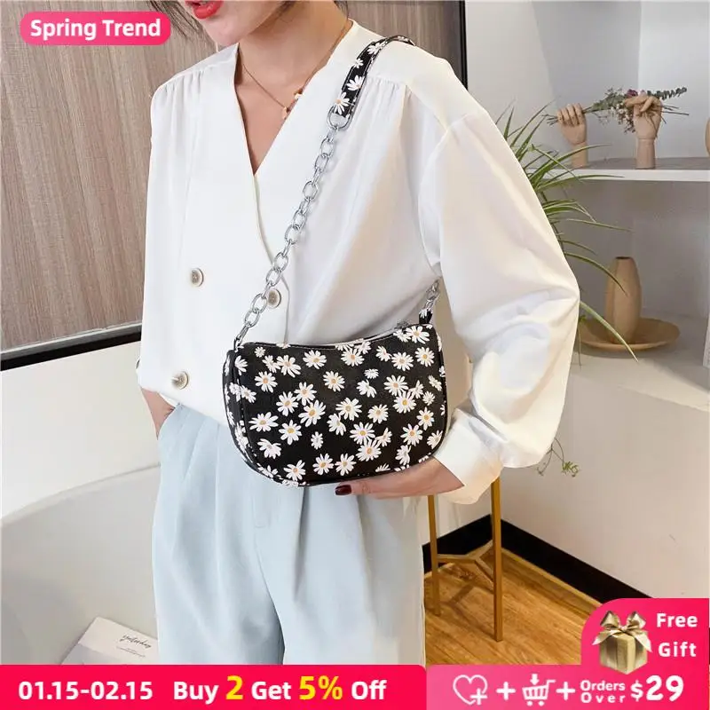 

Vintage Daisy Flower Women Small Shoulder Bags Fashion PU Leather Ladies Chain Baguette Handbags Cool Girls Tote Clutch Purse