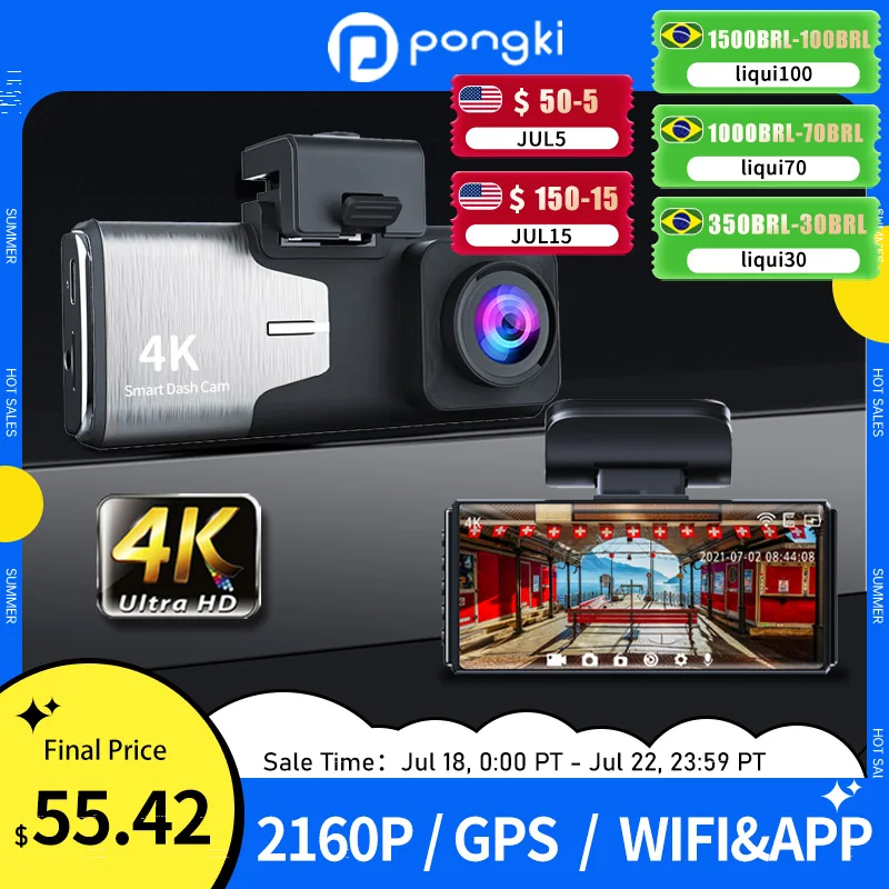 Pongki-Cámara de salpicadero A800 4K, frontal, 2160P, trasera, 1080P, doble lente, pantalla IPS, Registrador de espejo, grabadora de vídeo, monitoreo, DVR para coche