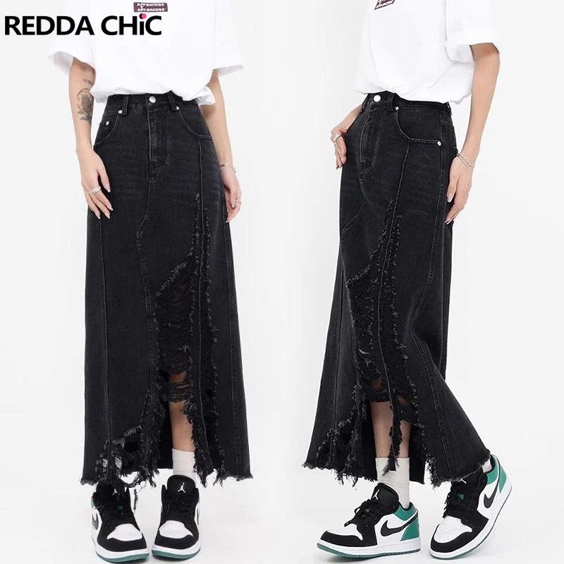 

REDDACHiC Goth Black Denim Maxi Skirt Basic Solid A-line Destroyed Long Jean Bottoms Grunge Dark Punk Korean Women Acubi Fashion