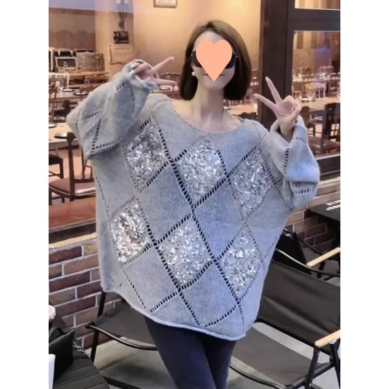 Elegant Knitted Top For Women High-End Feel Argyle Sequins Hollow Out Luxury Loose Fit Sweater Trendy Autumn Knitwear