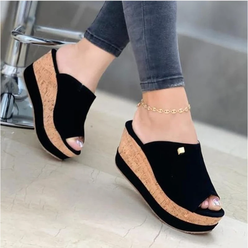 

2023 Slippers Summer Wedges Retro Fish Mouth Large Size Sandals Women High Heel Platform Solid Color Plus Size Shoes Sandalas